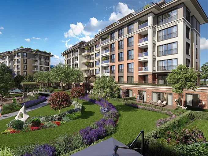 Main view of Ozak Gokturk Duyu project in Istanbul with forest surroundings.