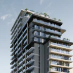 Modern luxury residential tower top view in Dubai