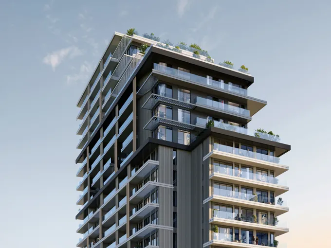 Modern luxury residential tower top view in Dubai