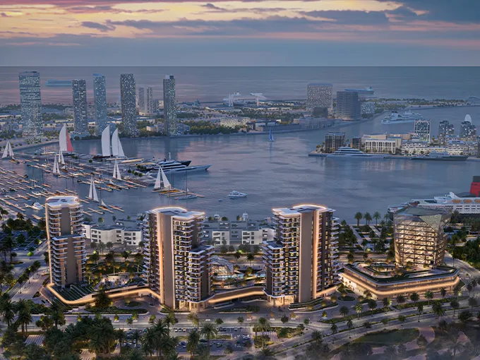 Panoramic view of Portside Square premium apartments for sale in Mina Rashid Dubai with an exclusive marina lifestyle.