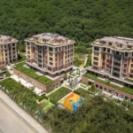 Aerial view of the exclusive residential complex surrounded by the lush green Belgrade Forest in Gokturk.