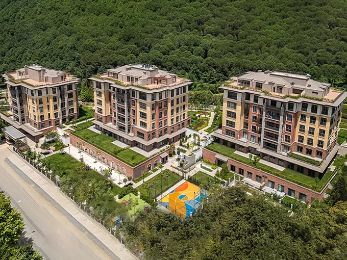 Aerial view of the exclusive residential complex surrounded by the lush green Belgrade Forest in Gokturk.
