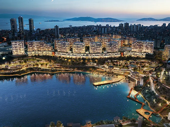 A modern, open-plan living area in a residential development in Kartal, Istanbul, featuring large windows overlooking a scenic natural lake, illustrative of the investment apartments for sale.