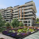 A high-quality architectural exterior render of the main residential building at Senfoni Etiler, showcasing the modern design and landscaped gardens, for sale in Istanbul's prime district.