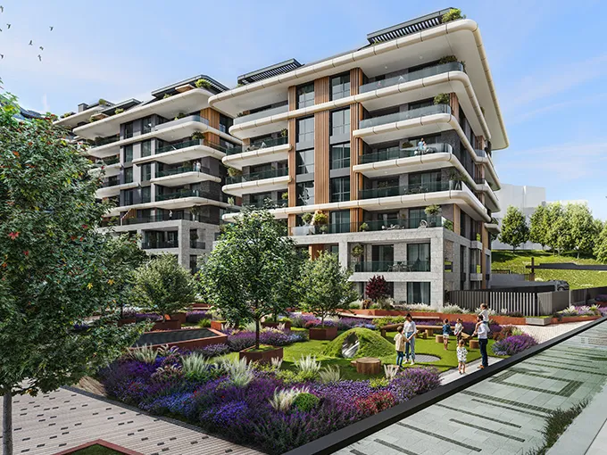 A high-quality architectural exterior render of the main residential building at Senfoni Etiler, showcasing the modern design and landscaped gardens, for sale in Istanbul's prime district.